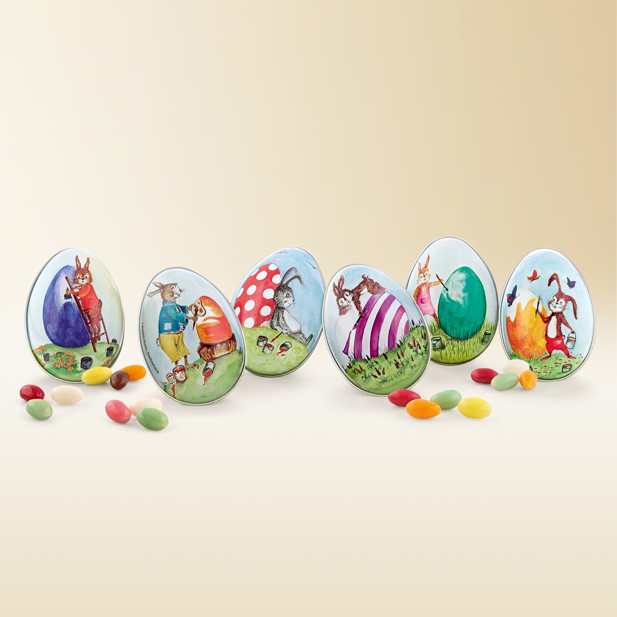 Œufs de Pâques en fer-blanc, remplis de petits œufs en sucre multicolores 150g